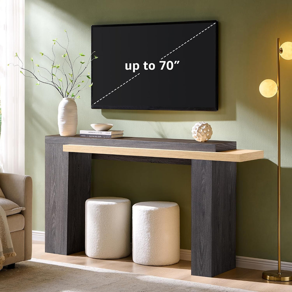 OKD 63" Geometric Console Table with Layered Top, Natural Oak & Dark...