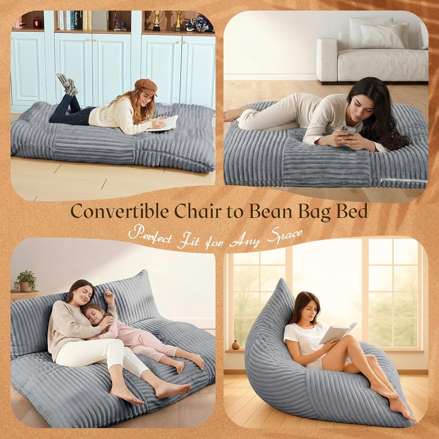 Honeydak 3 in 1 Giant Bean Bag Cover Only(No Filler) Rectangle Stuffed Animal Storage Bean Bag Chair Cover Soft Washable Large Storage Beanbag Adult Plush Toy Clothe Pillow(Light Grey,Rabbit Fur)