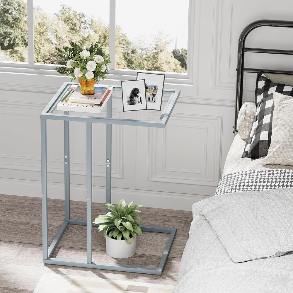 End Table,C Shaped Side Table for Sofa,Glass Couch Tray Snack Dinner Table fo...