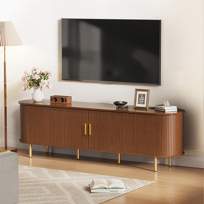 DHH 70.8 Inch Mid Century Modern TV Stand with Power Outlet for TVs up to 80 Inch, Entertainment Center with Storage and Adjustable Shelves, Media Console with Sliding Doors for Living Room(Walnut)