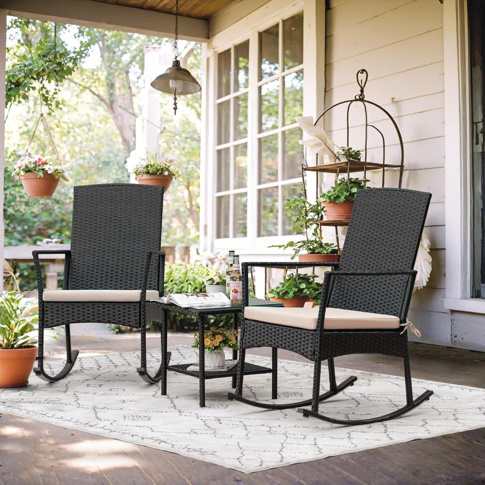 Flamaker Rocking Chair Outdoor PE Rattan Patio Chairs with Glass Table High B...