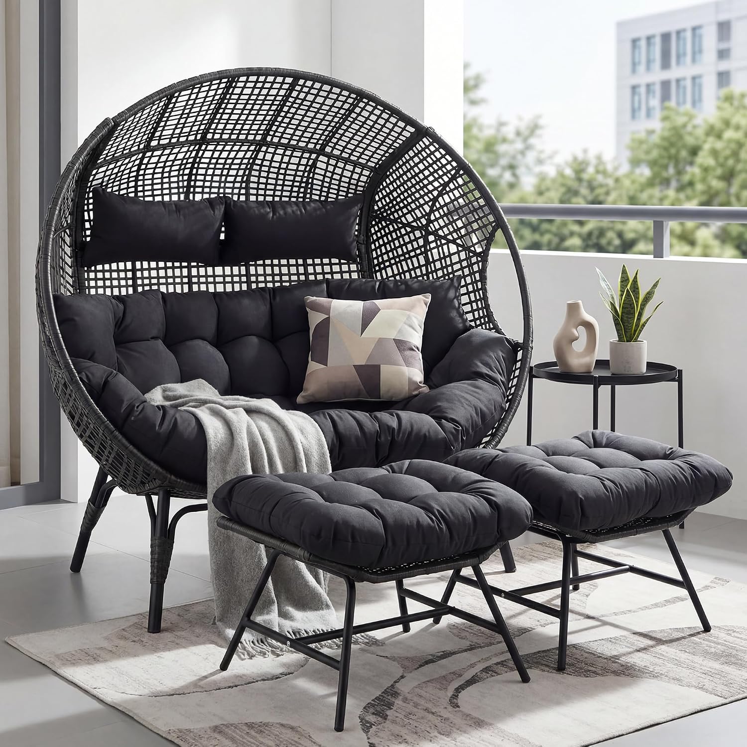 RADIATA Double Egg Chair with Ottoman, 2 Person Outdoor Wicker Loveseat | Outdoor foot rest for Patio, 57.1" Extra Wide Indoor Lounge Chairs, 6.5" Grey Cushion, 2 Seater Person Wicker Seating