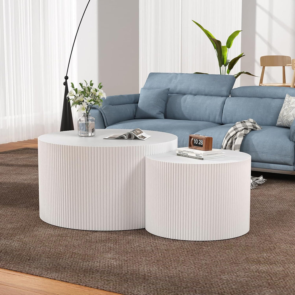 Fluted Round Nesting Coffee Table Set of 2 (AL) | Mid Century Minimalist Circ...