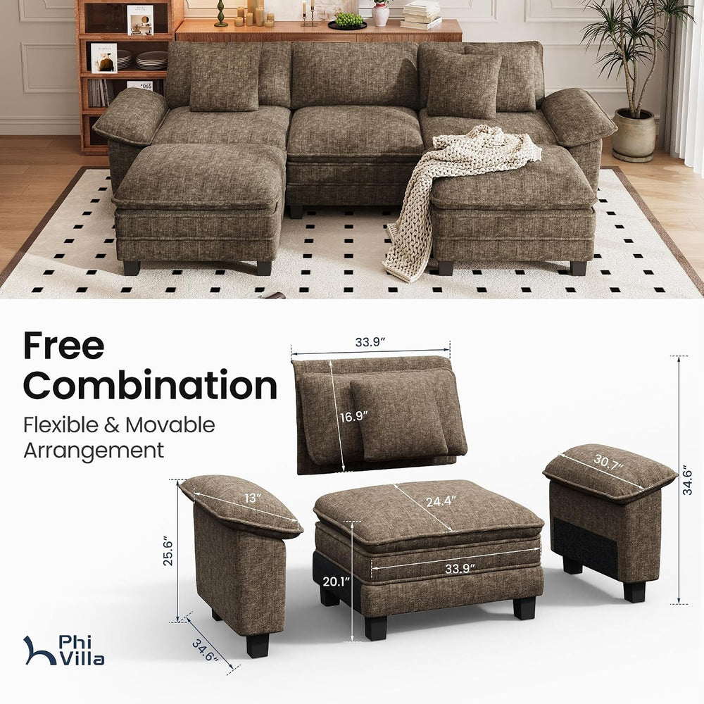 PHI VILLA Modular Sofa 5-Seat U Shaped Cloud Couch Sectional with Ottoman