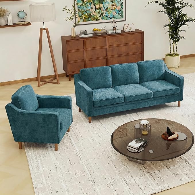 Kingfun Living Room Furniture Sets, 3 Seater Couch and Armchair, Mid Century Modern Sofa Set, Chenille Couch with Solid Wood Frame for Living Room & Bedroom, Water Green