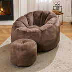Bean Bag Chair, Bean Bag Chair with Ottoman, Stuffed Bean Bag Chairs with Filler, Big Beanbag Chairs with Filling for Living Room (Faux Fur in Brown, 40.6" D×41.4" W×27.6" H)