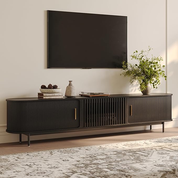 POVISON Fully-Assembled Mid Century Modern TV Stand for 75+ inch TV, Sliding Door Entertainment Center with Storage, Wood TV Console, Media Console for Living Room Bedroom(Black, 94.49")