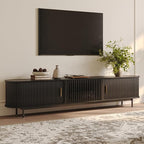 POVISON Fully-Assembled Mid Century Modern TV Stand for 75+ inch TV, Sliding Door Entertainment Center with Storage, Wood TV Console, Media Console for Living Room Bedroom(Black, 94.49")