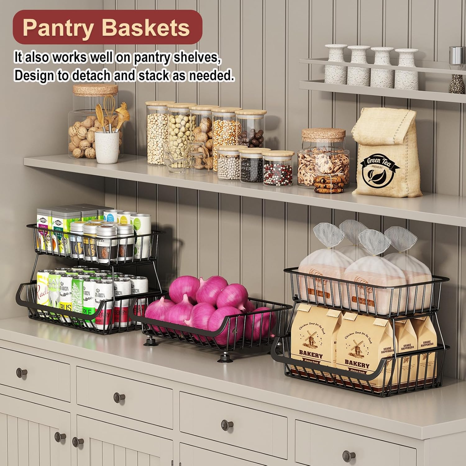 3-Tier Rolling Pantry Cart with Wheels, Stackable Wire Storage Floor Organizer for Kitchen Pantry Snack Shelves, Fruit Basket Stand, Vegetable Storage Rack for Food Snacks Onion Potato, Black, 2 Pack