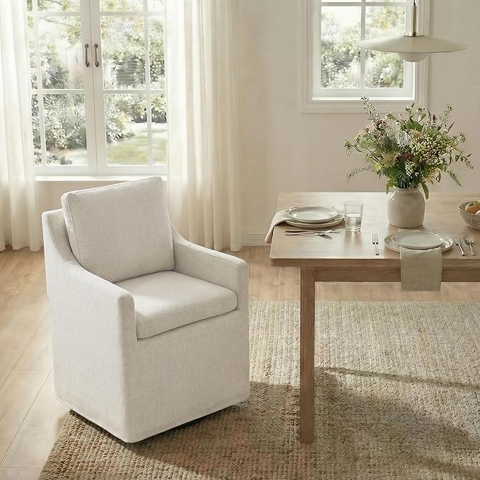 Upholstered Dining Chairs Set of 1, Modern Dining Room Chairs with Casters &a...