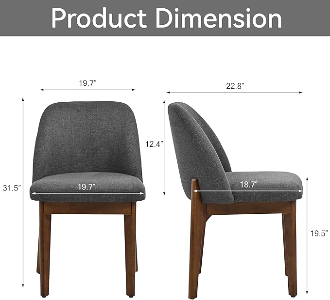 VKNOW Wooden Dining Chairs Set of 2, Upholstered Dining Room Chairs with Rubberwood Legs and Padded Seats, Kitchen Chairs for Restaurant Kitchen Living Room, Dark Grey