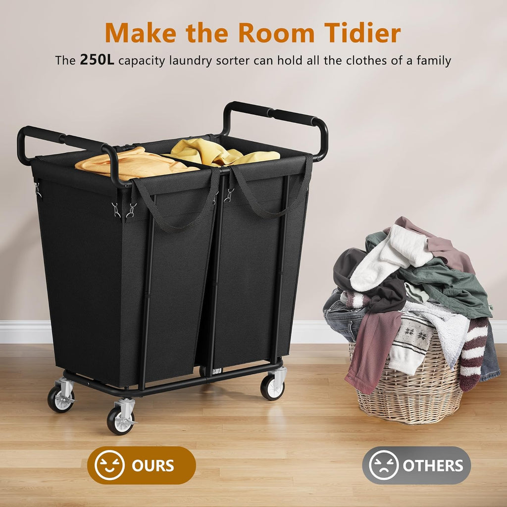 Large Laundry Hamper with Wheels, 2 - Bag 250L Rolling Medium Laundry Basket Sorter Cart, Medium - Sized Laundry Clothes Hamper, Heavy Duty Laundry Basket Organizer for Laundry Room, Bathroom