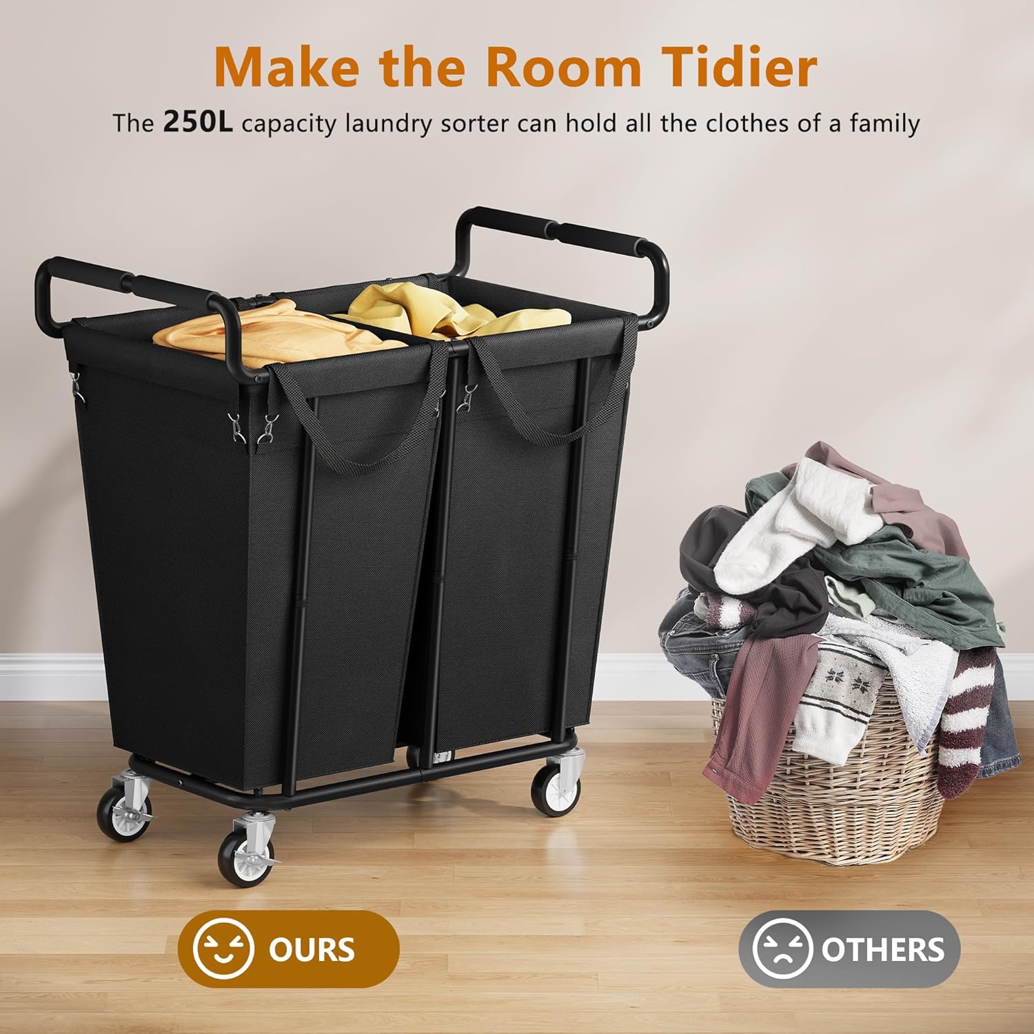 Large Laundry Hamper with Wheels, 2 - Bag 250L Rolling Medium Laundry Basket Sorter Cart, Medium - Sized Laundry Clothes Hamper, Heavy Duty Laundry Basket Organizer for Laundry Room, Bathroom