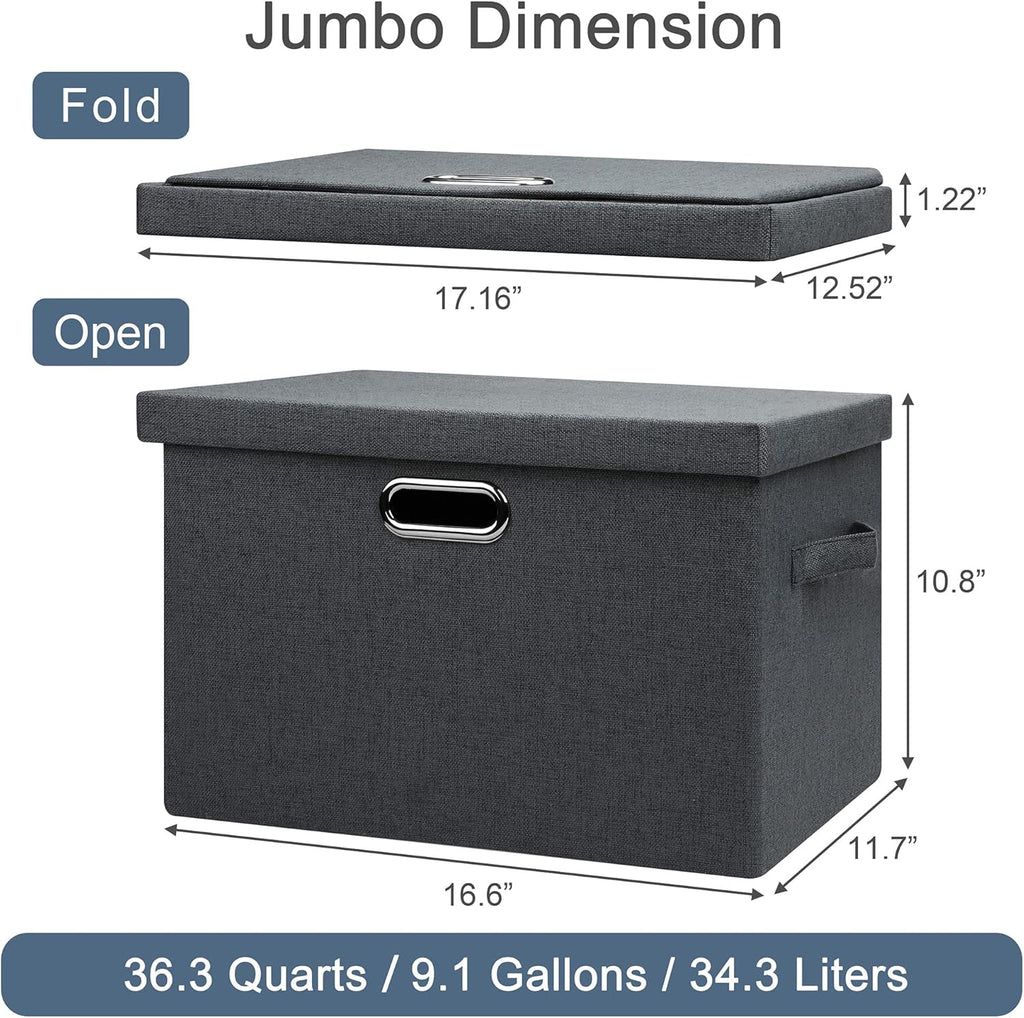 Large 17" 36 Quart Collapsible Stackable Storage Bins with Lids, 5 Packs Dark Gray Foldable Fabric Closet Storage Boxes with Lids Heavy-duty Linen Cube Baskets(17 x 12 x 11)