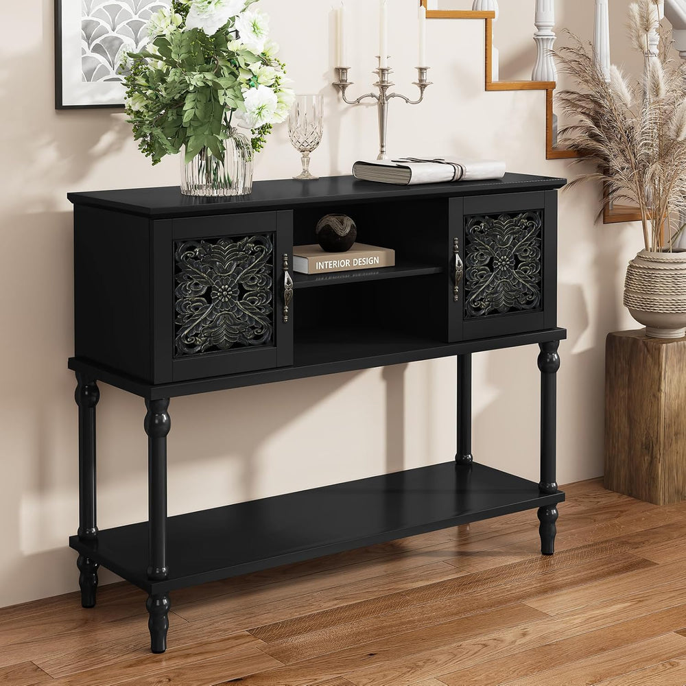 ARTPOWER 42" Vintage Console Table with Hand-Carved Doors for Hallway,Bl...