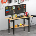 60“ Adjustable Height Workbench Work Bench for Garage Work Table with Under Table Shelf Heavy Duty Rubber Wood Top for Shop Woodworking, Office, Home, Commercial