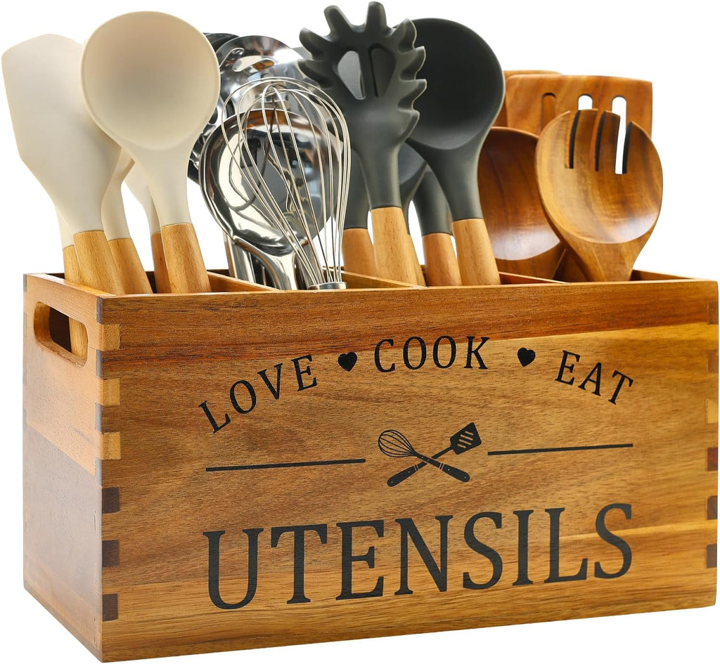 Acacia Wood Kitchen Utensil Holder Countertop Large Cooking Spoon Organizer | Farmhouse Wooden Spatula Holder for Party Counter Utensils Caddy Rustic Kitchen Accessories Decor Extra Large Utensil Crock