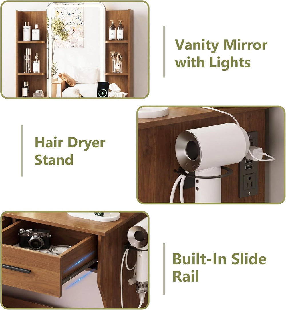 HUANLEGO Small Walnut Vanity Desk with Mirror and Lights for Women Girls | Va...