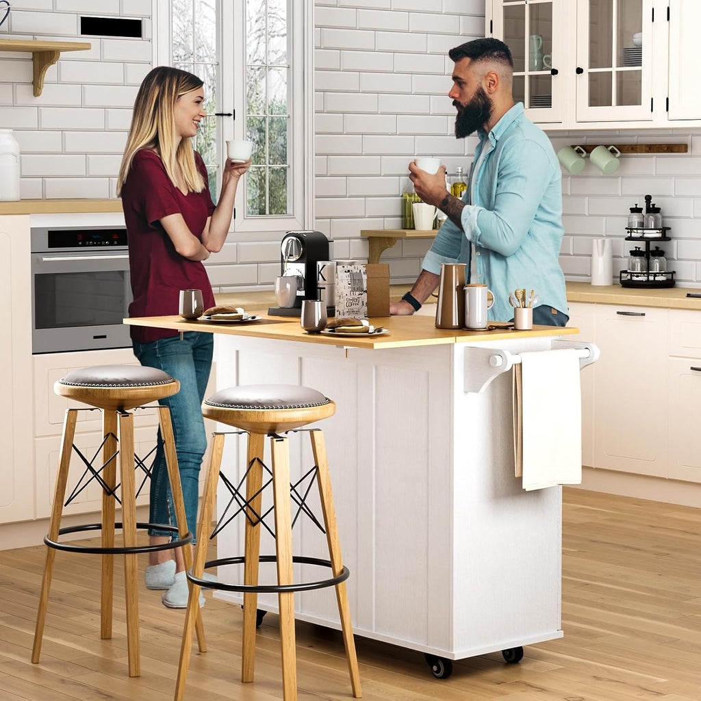 Kitchen Island with Storage, Rolling Kitchen Island Cart with Drop Leaf, Storage Drawers, Spice Rack, and Towel Rack for Kitchen and Dining Room, White