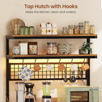 Itaar Bakers Rack with Storage and Power Outlet, 35.4 inch Coffee Bar Cabinet, Microwave Stand Kitchen Cabinet with Hutch, LED Lights, Wine Rack and Hooks, Rustic Brown