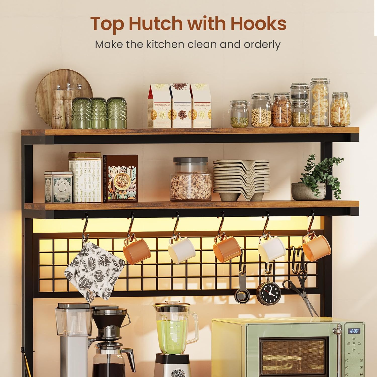 Itaar Bakers Rack with Storage and Power Outlet, 35.4 inch Coffee Bar Cabinet, Microwave Stand Kitchen Cabinet with Hutch, LED Lights, Wine Rack and Hooks, Rustic Brown