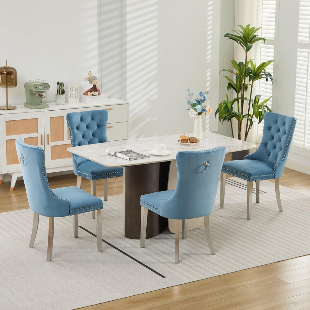 Velvet Dining Chairs Set of 4, Tufted Upholstered High Wingback Chairs with N...