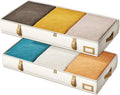 Vailando Storage Containers, 6 Inches Tall 60L Underbed Storage Bins with Leather Handles and Sidewalls, Closet Organizer for Clothes, Blankets, Seasonal Items, Beige with Brown, 2-Pack