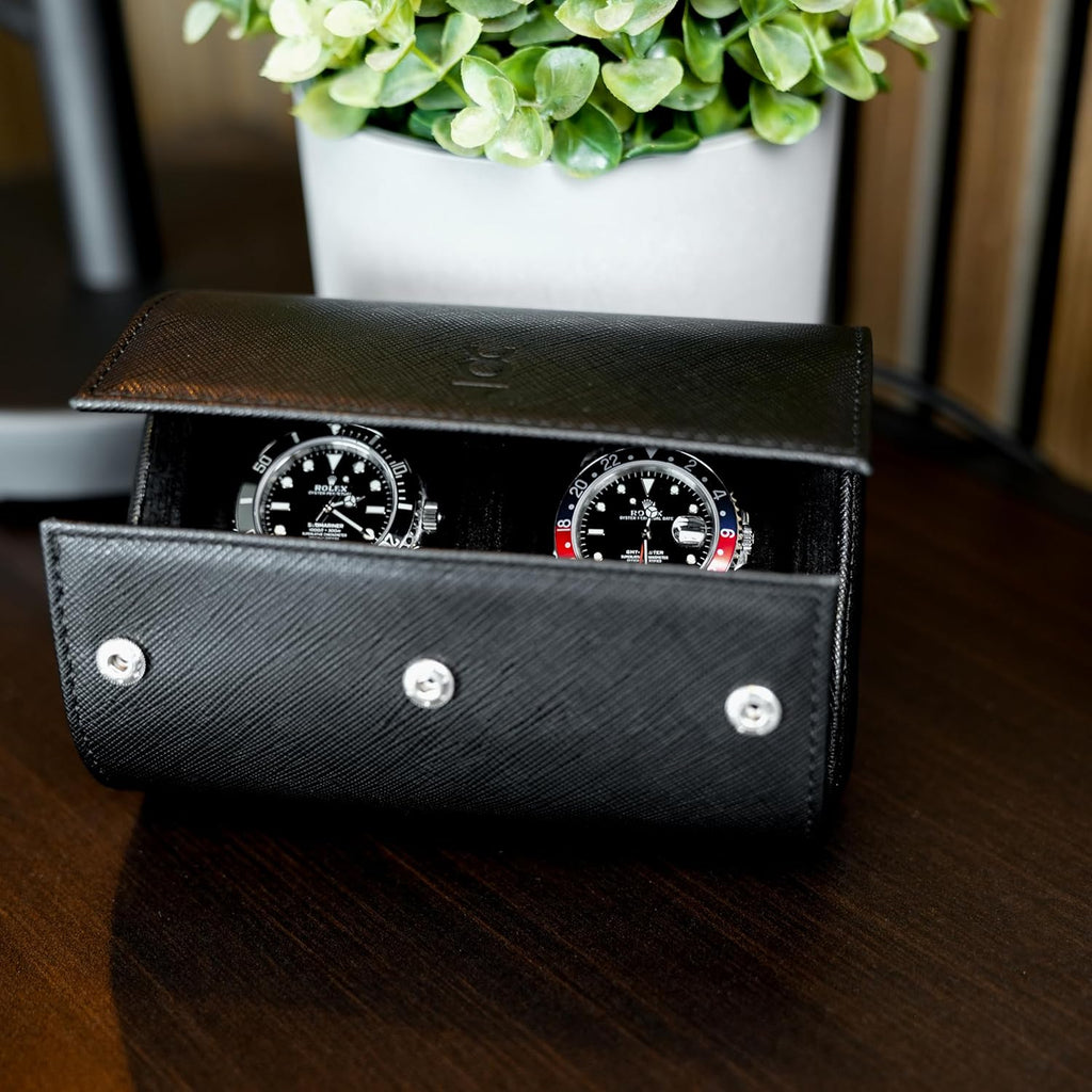 DailyWatch | Watch Roll Travel Case For 2 Watch | Luxury Watch Case In Genuine Saffiano Black Leather With Soft Velvet Interior | Watch Case Protect, Store, & Display Your Watches | All Black