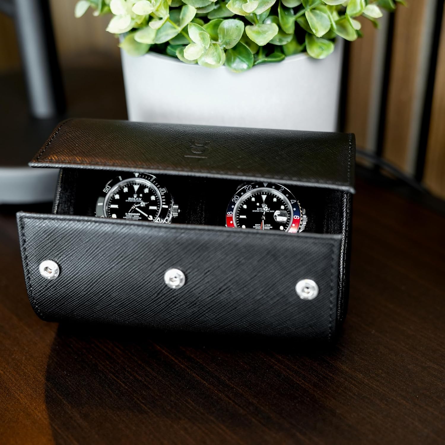 DailyWatch | Watch Roll Travel Case For 2 Watch | Luxury Watch Case In Genuine Saffiano Black Leather With Soft Velvet Interior | Watch Case Protect, Store, & Display Your Watches | All Black