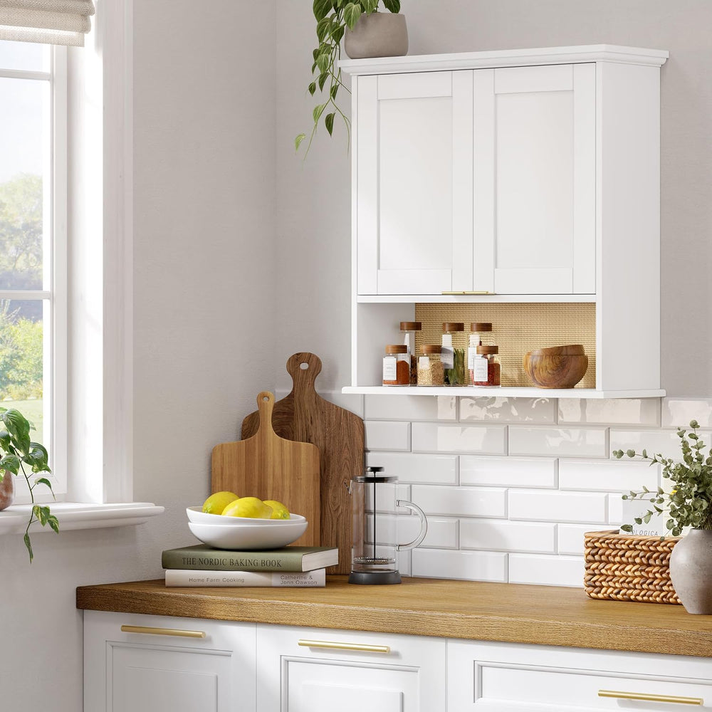 RiverRidge Two-Door Kitchen Storage Wall Cabinet with Woven Rattan Backboard,...