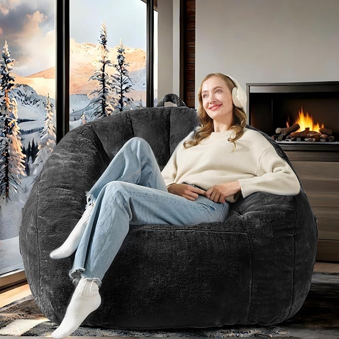 Giant Plush Bean Bag Chair for Adults with Armrests, BeanBag Couch Filler with Memory Foam, Faux Fur Comfy Bean Bag Chair, Anti-Slip Accent Chair Gaming and Reading, Black