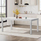 COLAMY 7-Piece Dining Table Set for 6, 60" Kitchen Wood Table with 6 Nailhead Dining Room Chairs, White/Beige