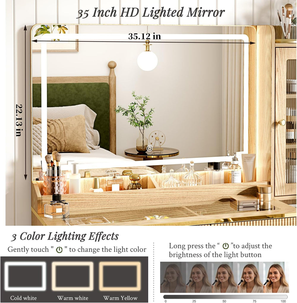 Arulvmrn Vanity Desk with 35.12" HD Lighted Mirror, 46.85" Big Mode...
