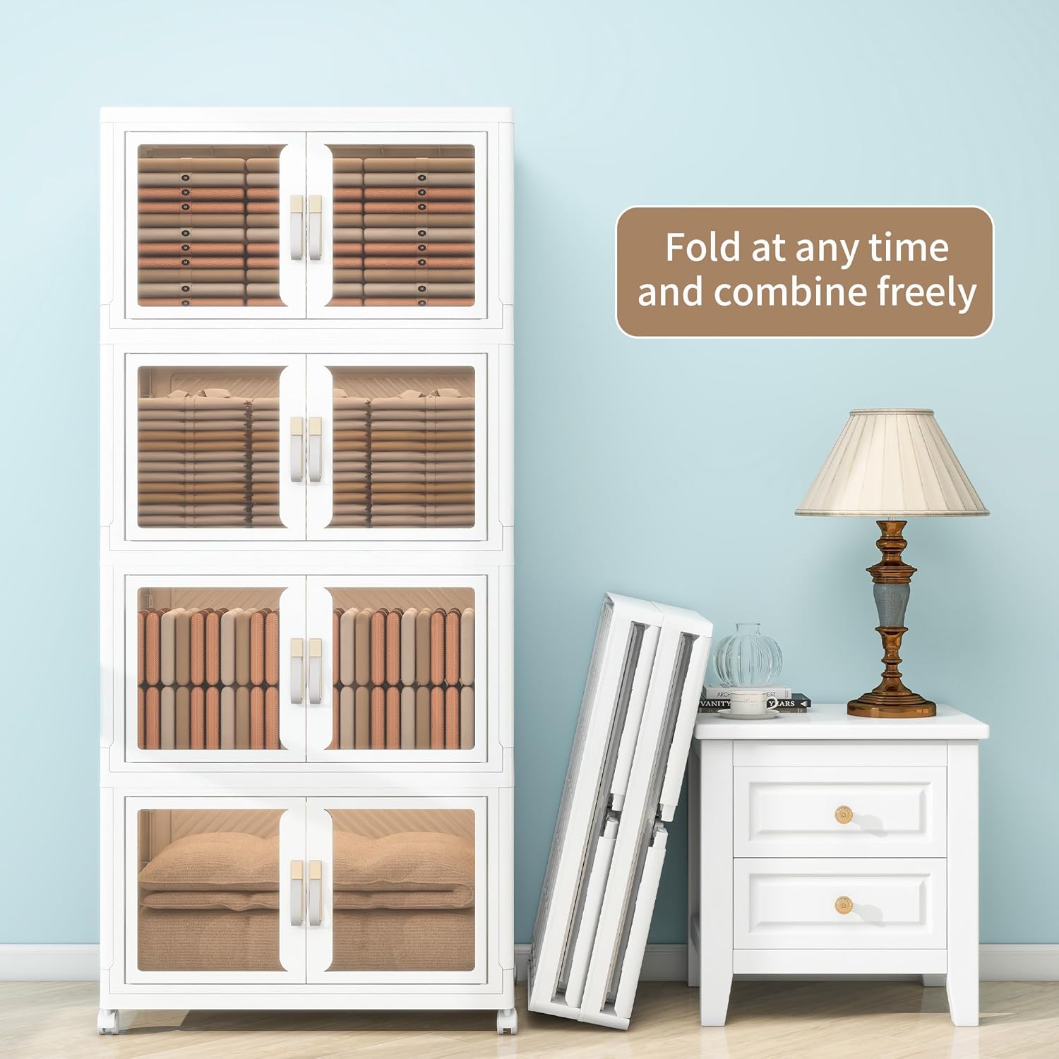 Large Clear Stackable Storage Bins with Lids, Foldable Storage Cabinet for Closet Organizers and Storage, Plastic Storage Box with Wheels 942 QT