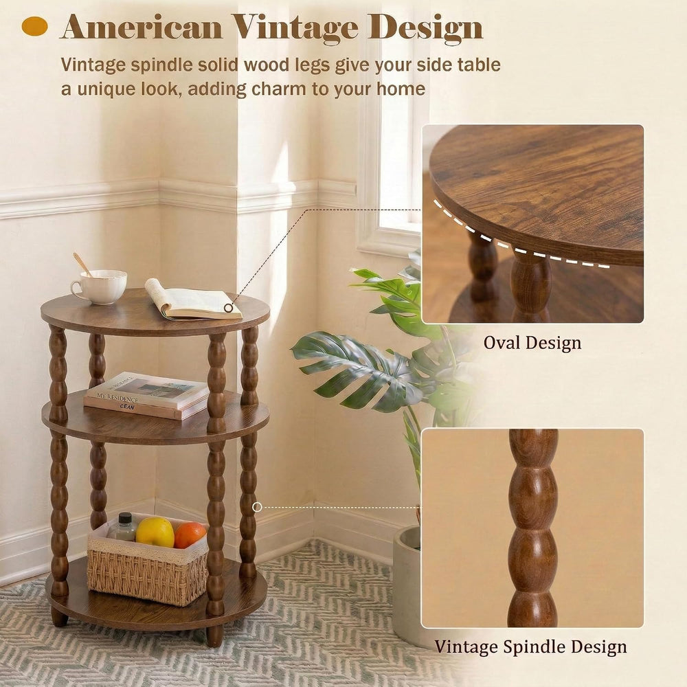 3-Tier Oval Side Table with Solid Wood Legs, Small End Table with Storage She...