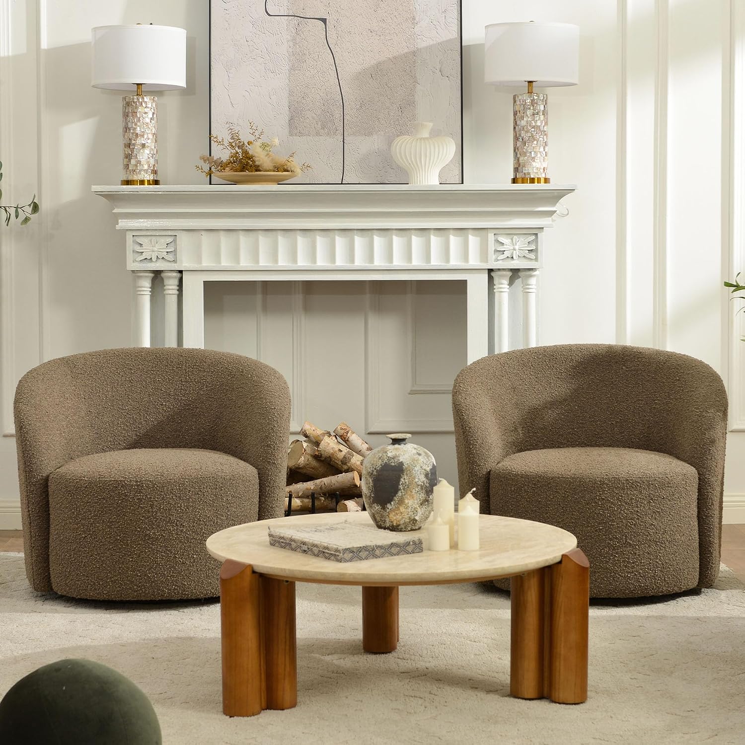 KINWELL 34" W Swivel Barrel Chair Set of 2, Mid Century Modern Round Upholstered Boucle Swivel Accent Chairs, No Assembly Sofa Chair for Living Room Bedroom Reading, Teddy Brown