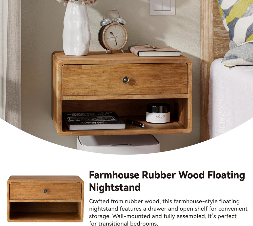 COZAYH Farmhouse Rubber Wood Floating Nightstand with Drawer and Open Shelf, Transitional Wall Mounted Side Table with Open Slot for Bedroom, Fully Assembled (Natural)