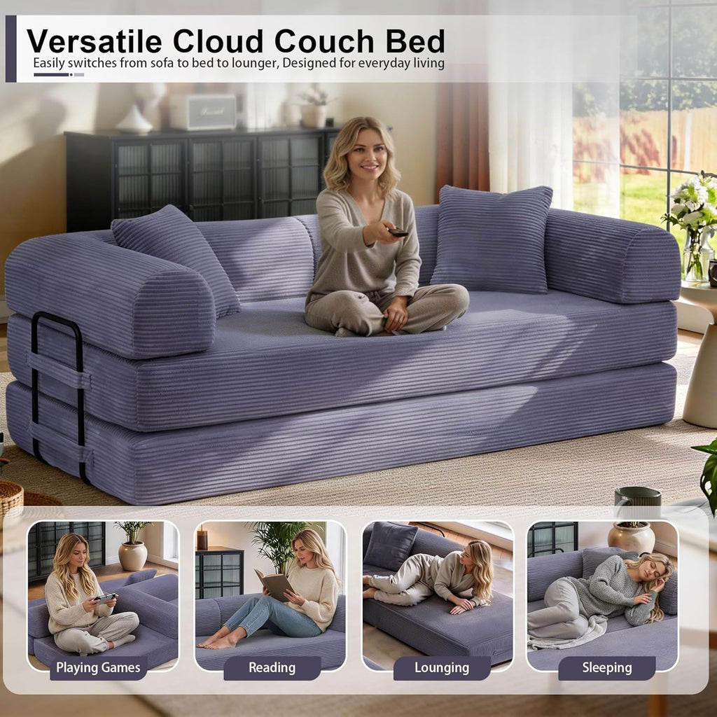 JJJ 78 inch Sofa Bed 4-in-1 Boneless Convertible Corduroy Sleeper Folding Couch with Fixed-Shape Frame and 2 Futons No Assemble Required 3 Seater Upholstered for Living Room (Gray, 78 inch)