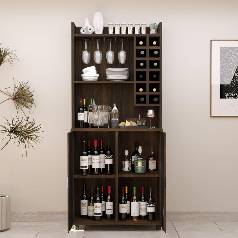 71" Kitchen Pantry Cabinet with 12 Wine Bottle Racks, Kitchen Hutch Food...