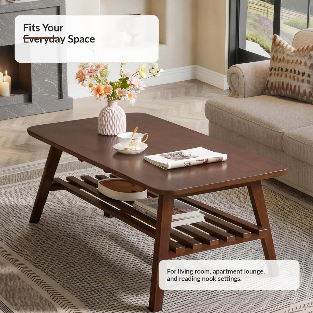 Foldable Coffee Table with Storage Shelf, Walnut Wood 47"