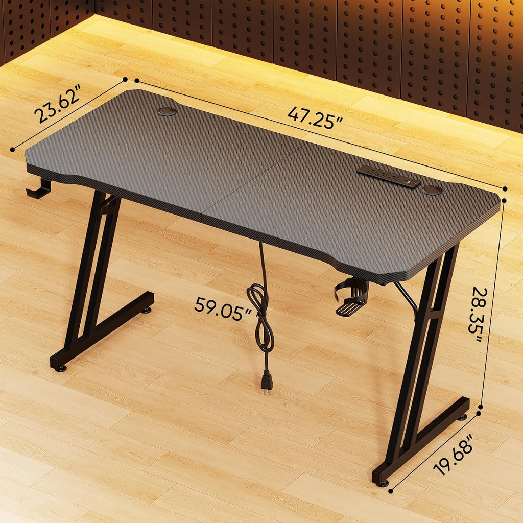 Czlolo 47 Inch Gaming Desk with Power Outlets, L-Shape Leg Computer Desk, Gamer Desk for Small Space, Wtih Cup Holder, Headphone Stand, USB＆ Tpye-C Ports, Carbon Fiber Surface, Black