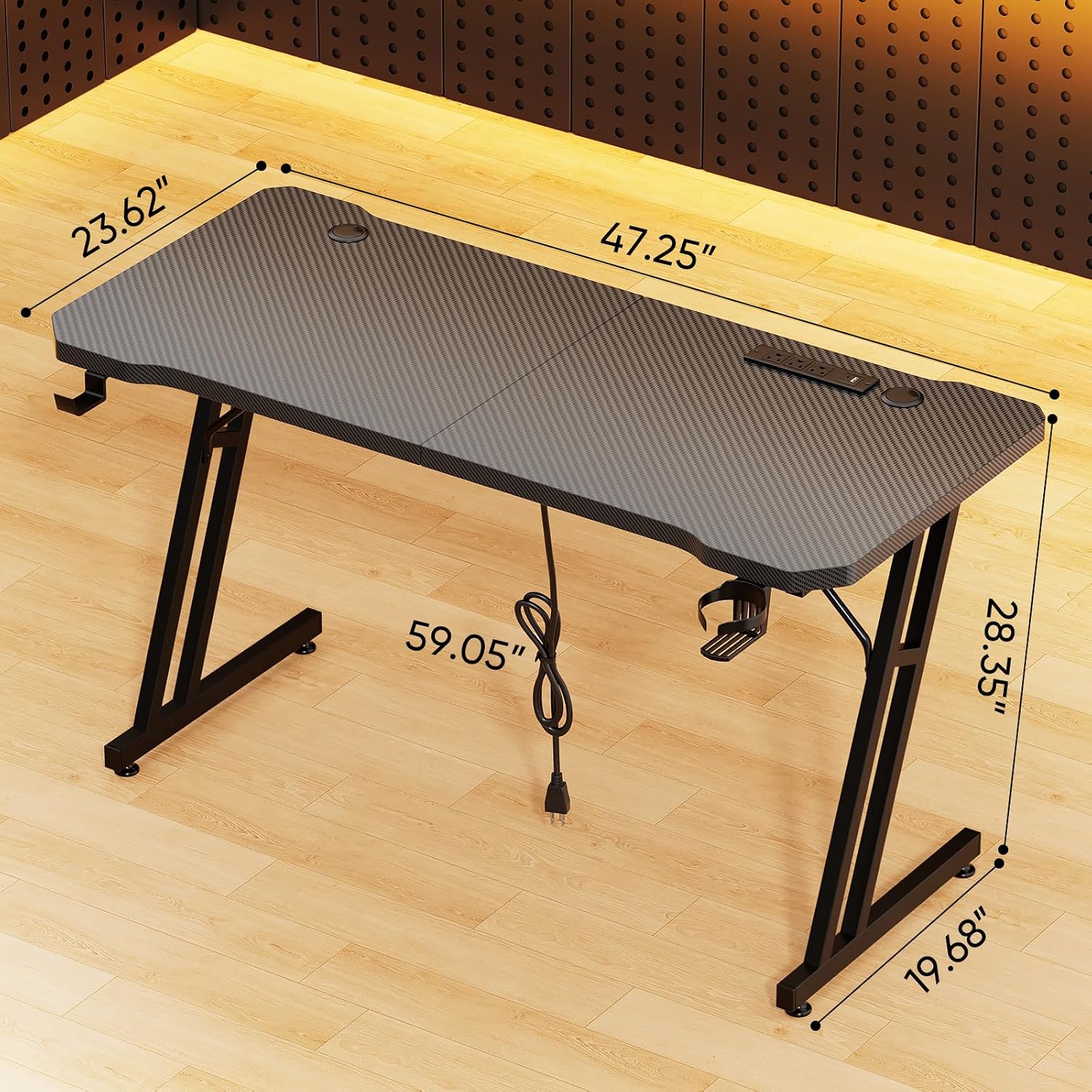 Czlolo 47 Inch Gaming Desk with Power Outlets, L-Shape Leg Computer Desk, Gamer Desk for Small Space, Wtih Cup Holder, Headphone Stand, USB＆ Tpye-C Ports, Carbon Fiber Surface, Black