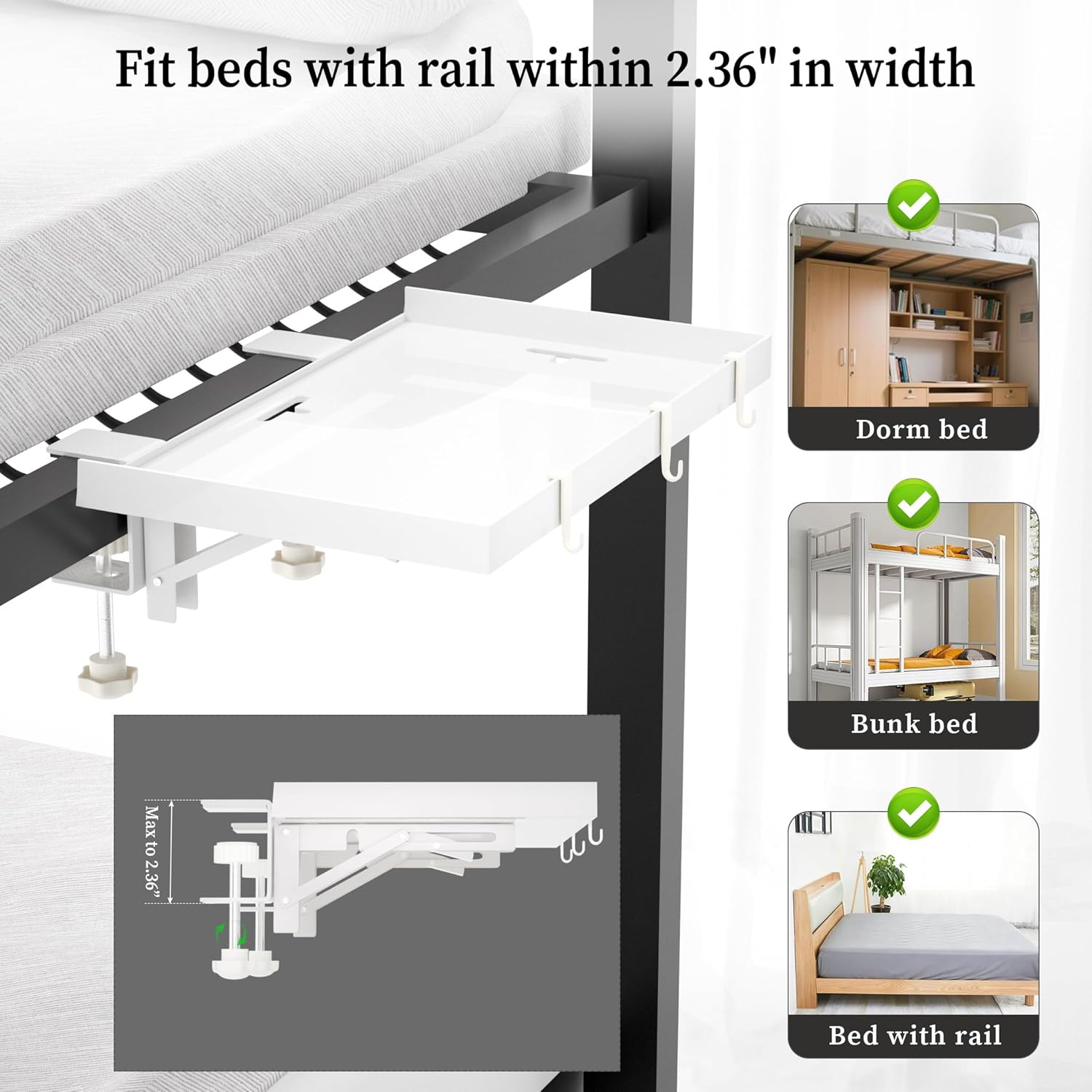 Foldable Bedside Shelf, Metal Clip-On Bed Tray Table for Bunk Bed & Dorm Beds, Dorm Room Essentials Organizer for College Students, Floating Tray, Space Saving Nightstand for Loft Beds (White, Large)
