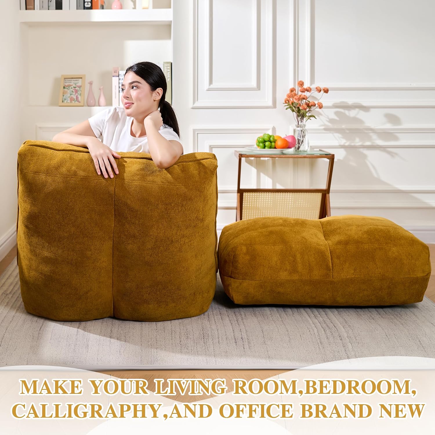 Cvortll Bean Bag Chair with Ottoman, Comfy Bean Bag Sofa with Memory Foam, Lazy BeanBag Sofa with Footstool, Fireside Bean Bag Couch for Living Room, Bedroom, Apartment (Yellow)