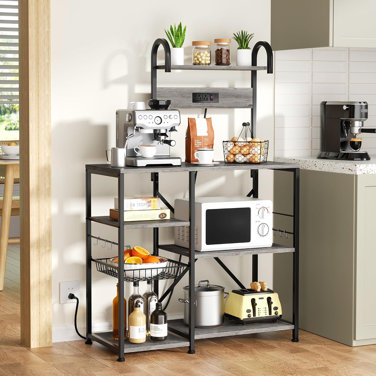 35.4 inch Kitchen Bakers Rack with Power Outlet, Coffee Bar Table & Microwave Oven Stand, Storage Shelf Rack with Wire Basket & 6 S-shaped Hooks for Spices, Pots and Pans - Grey