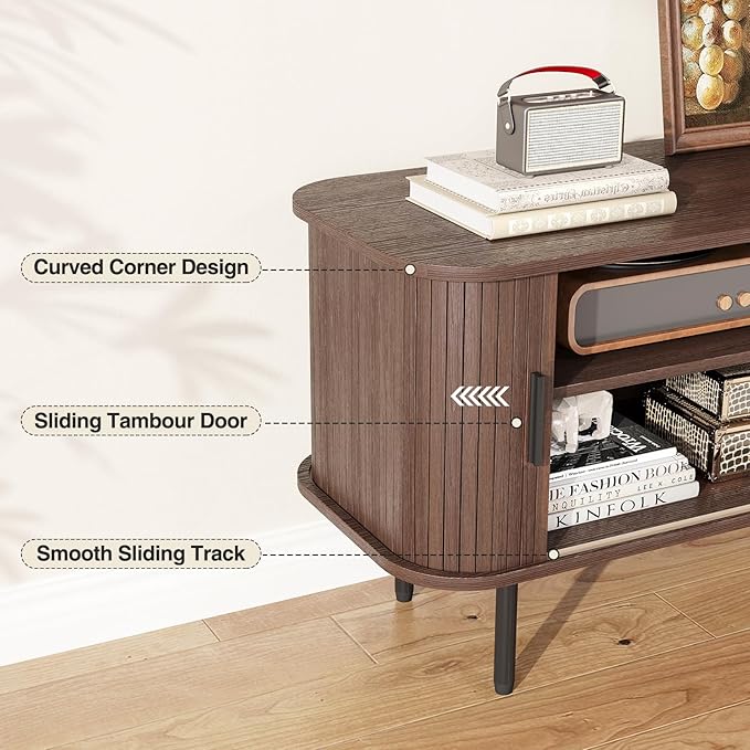 55''W Modern TV Stand Cabinet with Storage for TVs up to 60 Inch, Fluted TV Entertainment Center with Slatted Tambour Doors, Media Console for Living Room, Entryway, Walnut