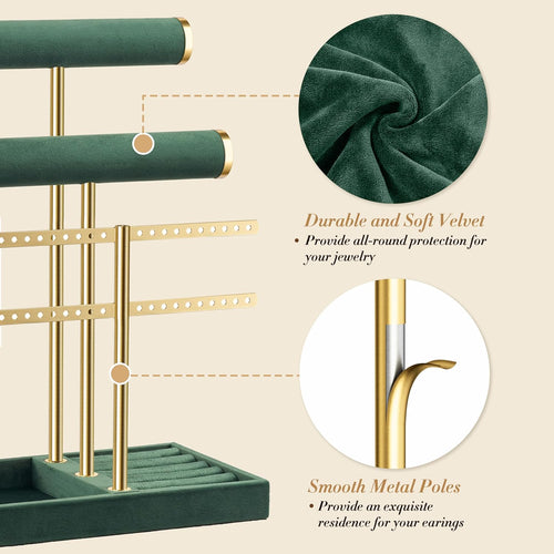3 Tier Bracelet Holder Display - Detachable T Bar Dark Green Velvet Bracelet Holder, Jewelry Holder Organizer for Bracelet, Necklace, Earrings, Rings