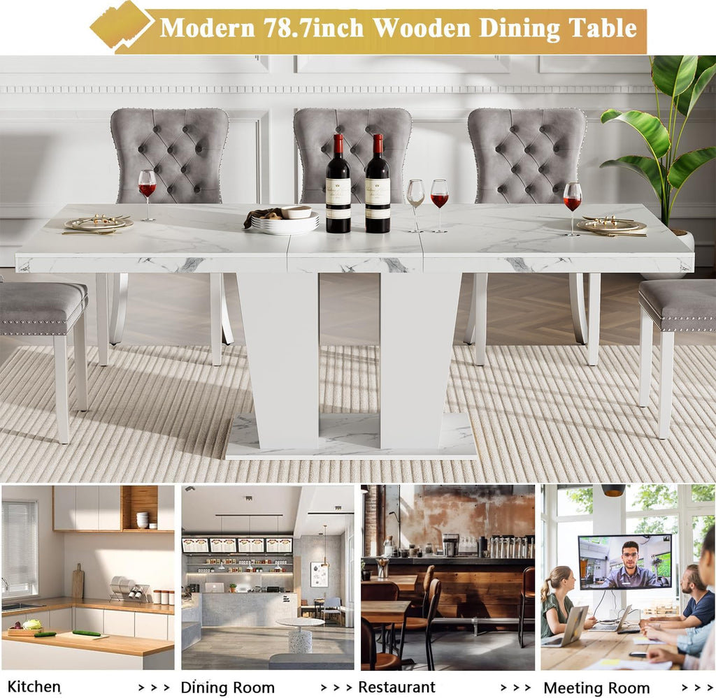 7-Piece Extendable Dining Table Set for 6-8 People 63"-78.7" Kitchen Table Set with 6 Grey Upholstered Chairs Modern White Faux Marble Rectangular Dining Room Table Set for Kitchen Apartment