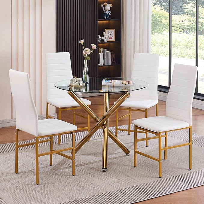 PU Dining Chairs Set of 4, Modern Kitchen & Dining Room Chairs Faux Leather Upholstered Dinner Chairs with Metal Legs for Small Space (Gold, Crossbar)