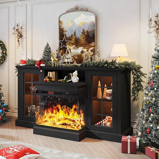 oneinmil 59'' Fireplace TV Stand with 3-Sided Glass, TV Cabinet for TVs up to 65", Modern Media Entertainment Center with Farmhouse Glass Door Storage Cabinets for Living Room, Black
